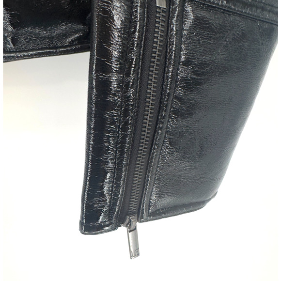 Unreal Fur Aviator Jacket Small Black Bomber Vegan Wet Look Leather Fur Collar - Picture 8 of 14